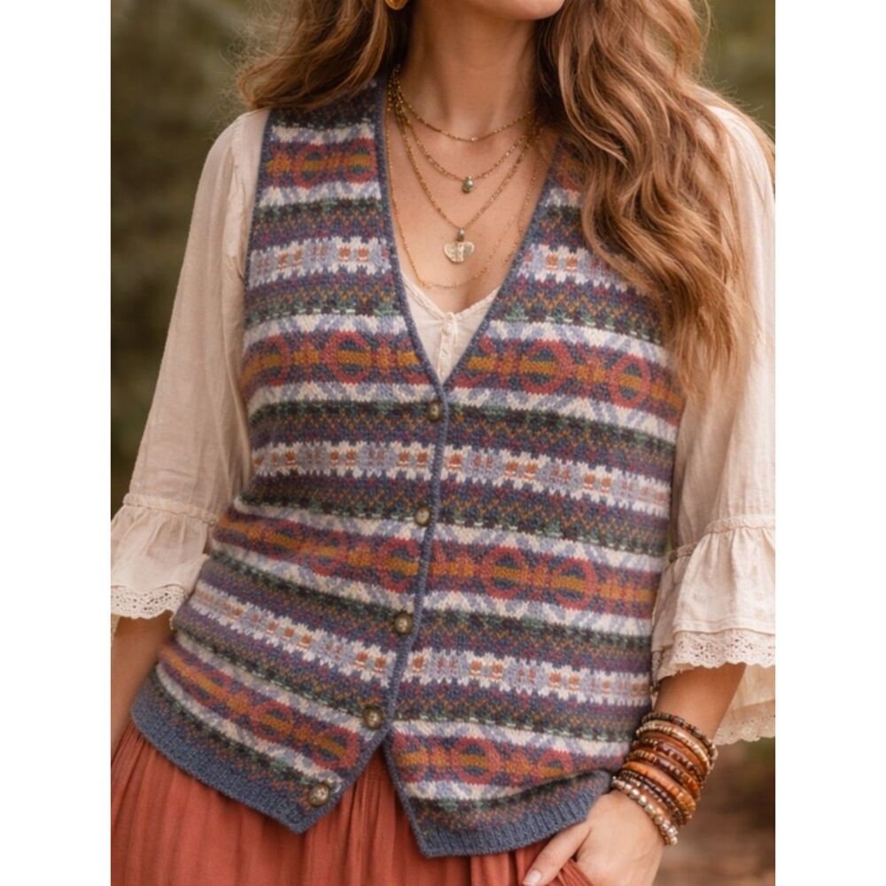Vintage cottagecore Grandma Van Heusen Colorful Pattern V-Neck Sweater Vest XL